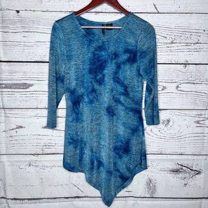 ND New Directions Asymmetrical Hem 3/4 Sleeve Round Neck Blouse Top Size S